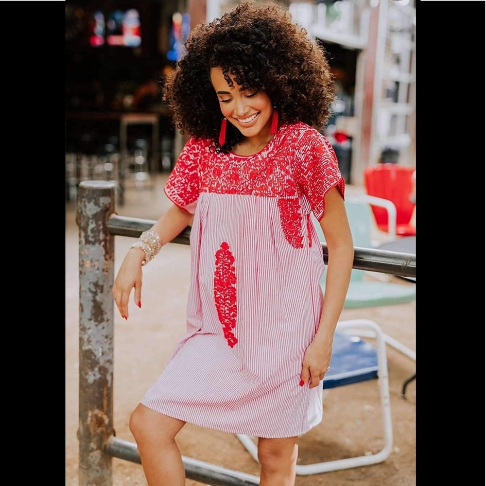 Buddy Love Alessandra Short Sleeved Embroidered Mini Dress in Red Stripe